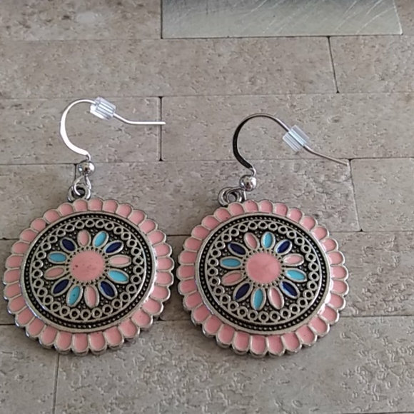 Jewelry - Pink and Aqua Medallion Earrings NEW